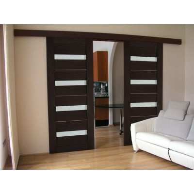 Комплект ECO SLIDING SET 1 60kg NEW. для двустворчатой двери. Ширина полотна от 600 (для высоты 1800мм) или 700 (для высоты 2100мм) до 1100мм, вес до 60кг. Обычный стопор.